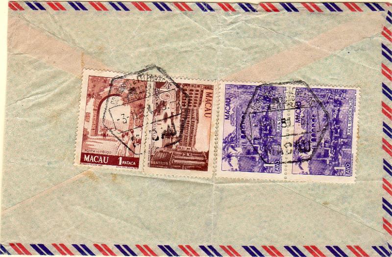 1534 v.jpg -     Lote:    1534 (verso)                   Descrição:         1950/51 &mdash; Motivos locais. Sobrescrito circulado registado de Macau (03.11.51) para os EUA, com selos de: 2x1avo, 10 avos e 1 pataca, CE341, 345 e 348.        Carta       Valor Base:     &euro; 30,00     Valor Venda:     &euro;      